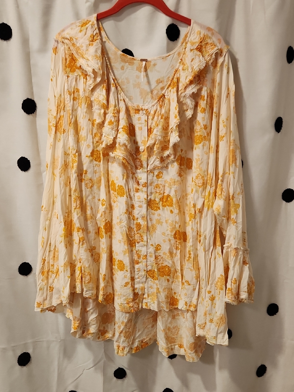 Free People Cream and Yellow Floral Ruffle Button-Front Blouse Cover Up, Dress M